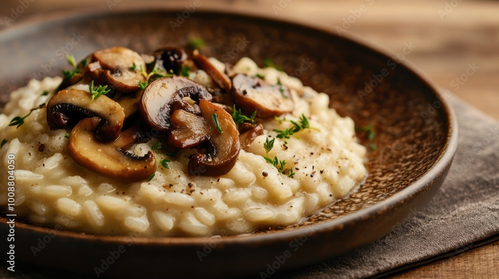 Creamy Risotto Topped with Sautéed Mushrooms and Herbs on a Rustic Plate Creamy Risotto Topped with Sautéed Mushrooms and Herbs on a Rustic Plate