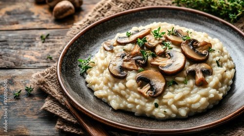 Creamy Risotto Topped with Sautéed Mushrooms and Herbs on a Rustic Plate