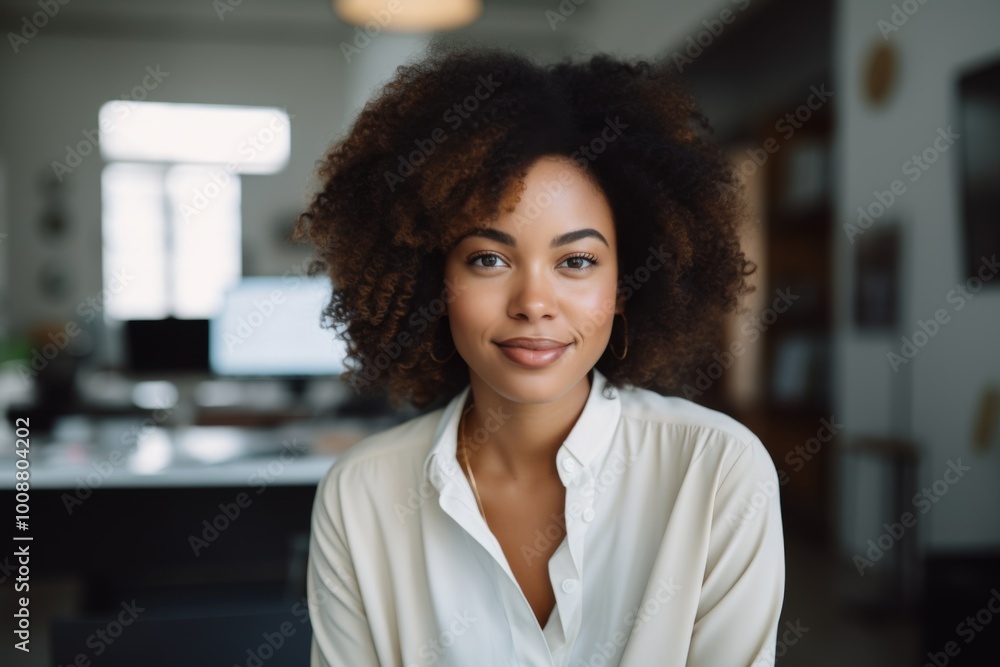Smiling portrait of a young hipster African American woman in office Smiling portrait of a young hipster African American woman in office