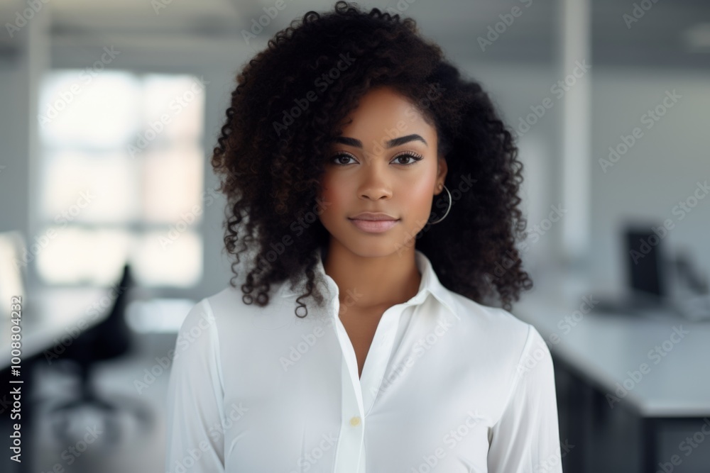 Smiling portrait of a young hipster African American woman in office Smiling portrait of a young hipster African American woman in office