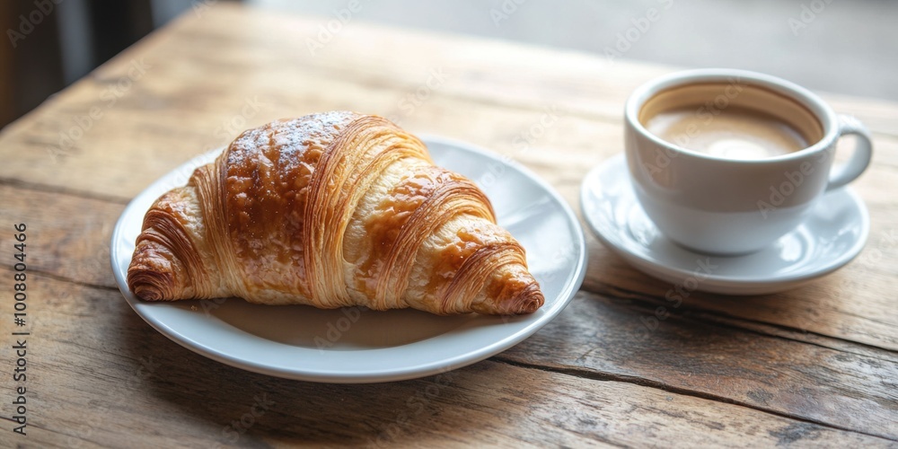 Flaky French Croissant on a Café Table with a Cup of Coffee Flaky French Croissant on a Café Table with a Cup of Coffee