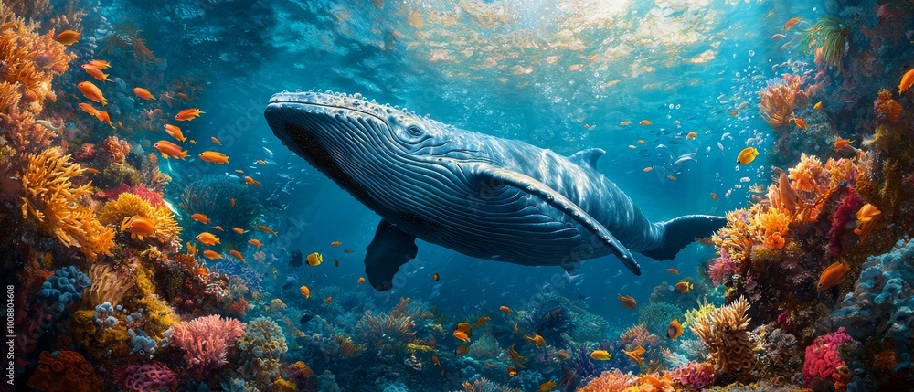 Fototapeta premium Majestic whale swimming in vibrant coral reef, surrounded by colorful fish and marine life, showcasing beauty of underwater ecosystems
