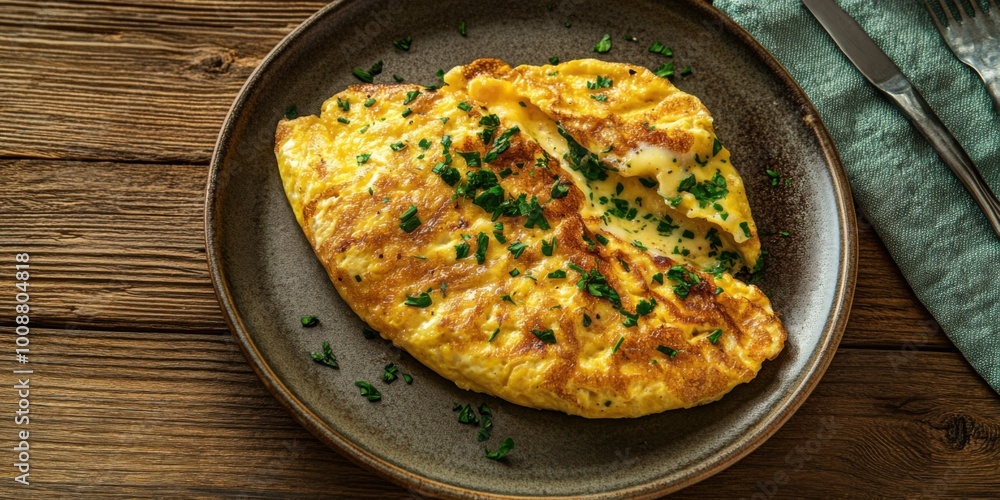 Fluffy Omelette Filled with Cheese and Herbs Served on a Breakfast Plate on a Wooden Table