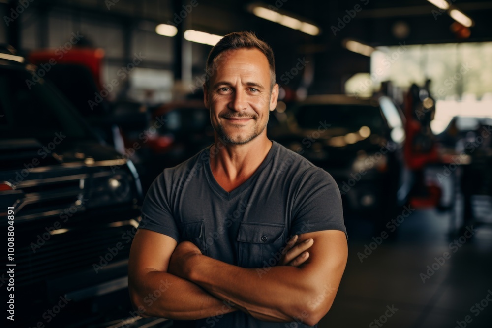 Portrait of a middle aged male mechanic in car shop Portrait of a middle aged male mechanic in car shop