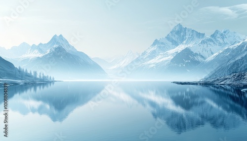 serene mountain range with glaciers reflects beautifully in calm lake, creating tranquil and peaceful atmosphere. soft blue tones enhance sense of calm and natural beauty