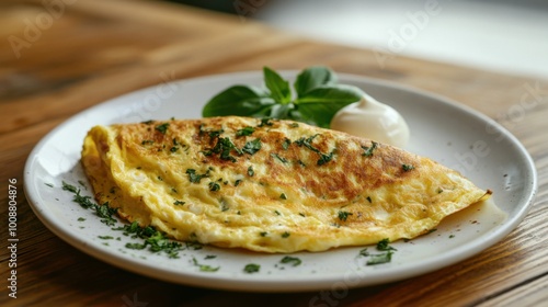 Fluffy Omelette Filled with Cheese and Herbs Served on a Breakfast Plate on a Wooden Table