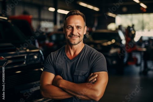 Portrait of a middle aged male mechanic in car shop