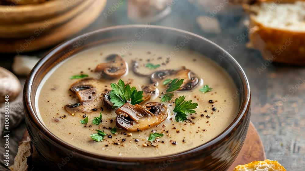 Creamy mushroom soup garnished with herbs, served in a rustic wooden bowl. Creamy mushroom soup garnished with herbs, served in a rustic wooden bowl.