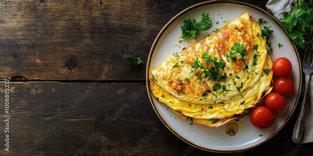 Fluffy Omelette Filled with Cheese and Herbs Served on a Breakfast Plate on a Wooden Table Fluffy Omelette Filled with Cheese and Herbs Served on a Breakfast Plate on a Wooden Table