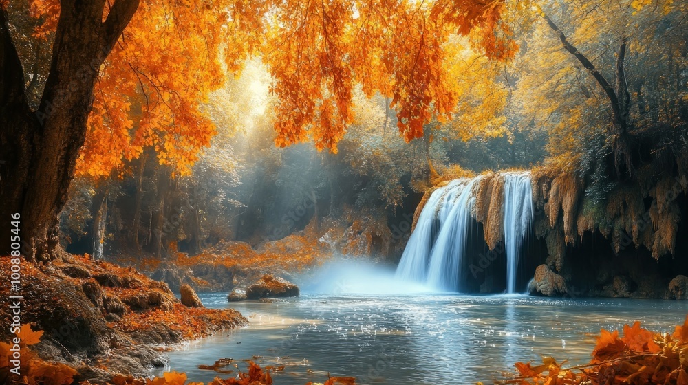 Autumn Waterfall in a Misty Forest Autumn Waterfall in a Misty Forest