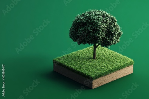 Illustration of a cubic tree on a green background with generative AI. 3D style oak tree in a 3D style. photo