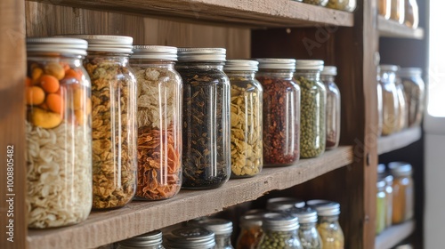 Well-Organized Pantry Shelves with Dehydrated Food Jars for Efficient Storage