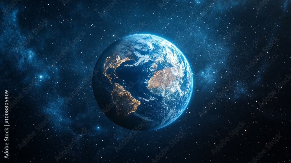 Obraz premium A stunning image of the Earth from space, showcasing the planet's beauty and fragility against a backdrop of twinkling stars.