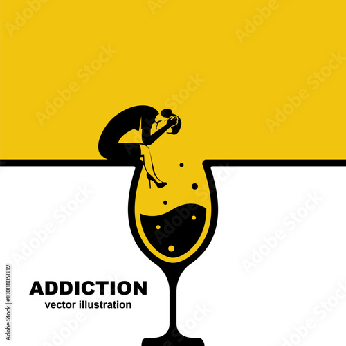 Alcohol addiction. Silhouette drunk woman character sitting in a glass of wine. Problems in life. Abuse and addictions. Vector illustration flat design.