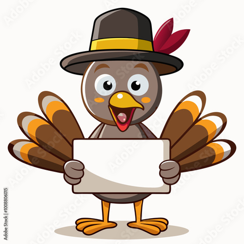 A cheerful cartoon turkey wearing a pilgrim hat, standing upright, holding a blank placard with one wing. The turkey has colorful feathers, with gray and beige accents, and a friendly, animated expres photo