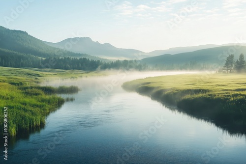 A calm river flows through a lush green valley surrounded by mist-covered mountains. The tranquil waters reflect the vibrant greenery and the mist, creating a peaceful, dreamlike atmosphere. 