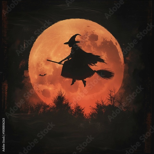 Witch costume Halloween ad graphic: Design a graphic with a flying witch in a classic pointed hat, riding a broomstick in front of a full moon. The theme is spooky yet enchanting for a Halloween photo