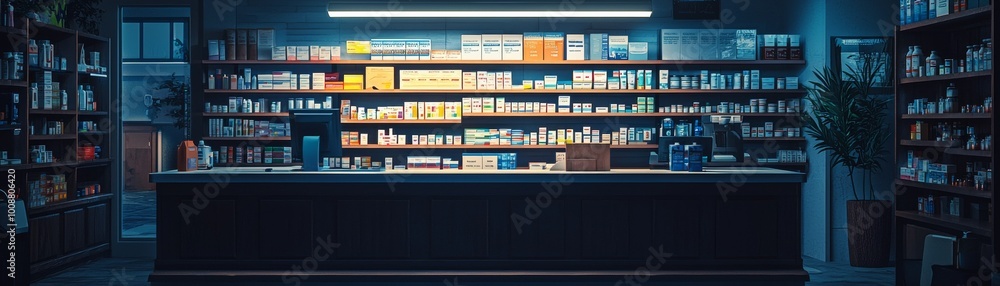 quiet pharmacy at night with shelves filled with various medicines and calm atmosphere. soft lighting creates serene environment, perfect for late night visits quiet pharmacy at night with shelves filled with various medicines and calm atmosphere. soft lighting creates serene environment, perfect for late night visits