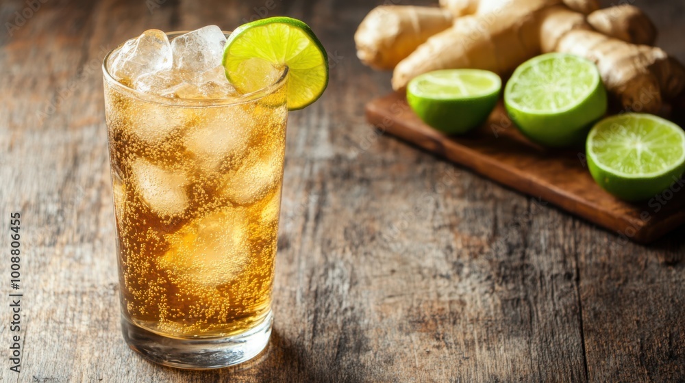 Glass of Ginger Ale with Ice and Lime Slices on a Rustic Table Glass of Ginger Ale with Ice and Lime Slices on a Rustic Table