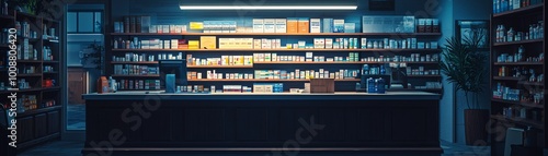 quiet pharmacy at night with shelves filled with various medicines and calm atmosphere. soft lighting creates serene environment, perfect for late night visits