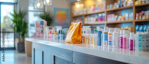 Wallpaper Mural tranquil pharmacy counter featuring variety of prescription bottles and bright orange bag. organized layout creates calm atmosphere, inviting customers to explore health options Torontodigital.ca