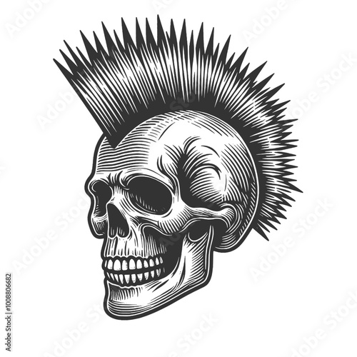 human skull with a bold spiked mohawk, embodying punk rock style and rebellious attitude sketch engraving generative ai vector illustration. Scratch board imitation. Black and white image.
