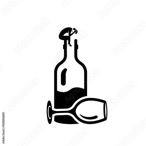 Alcohol addiction. Silhouette drunk woman character sitting in a glass of wine. Problems in life. Abuse and addictions. Vector illustration flat design.