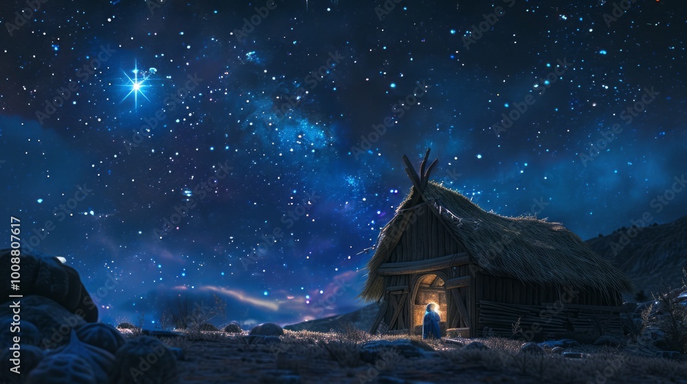 Fototapeta premium Realistic Nativity Scene Set Under a Starry Sky