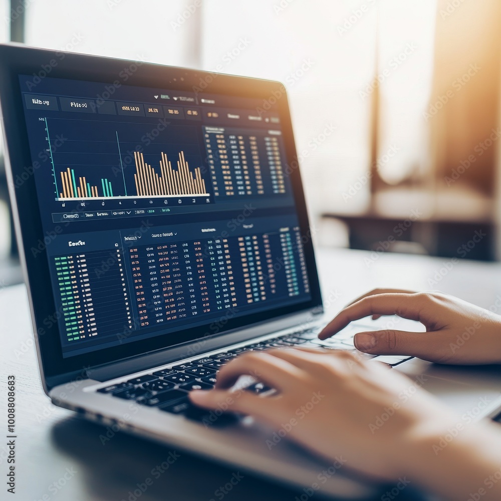 Hands using a laptop displaying finance data and analytics charts. Hands using a laptop displaying finance data and analytics charts.