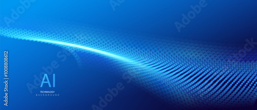 Technology ai particles blue banner. Dots explosion big data wave neon blue background. Artificial Intelligence futuristic splash connect design.