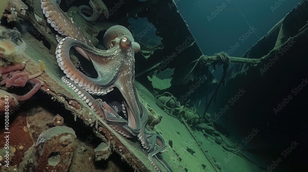 Fototapeta premium Giant Octopus Wrapping Tentacles Around Shipwreck