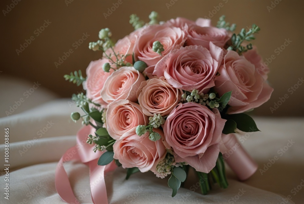 Obraz premium bouquet of pink roses for the bride, Pink and mauve rose flower bouquet isolated on white , shadows, Close up of Hispanic bride holding bouquet of roses