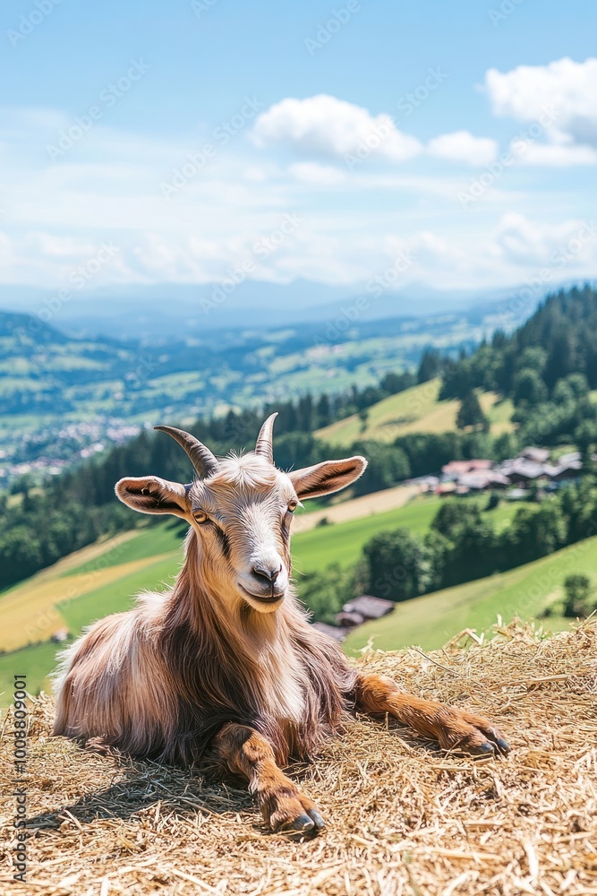 Fototapeta premium A relaxed goat lounging on hay with a scenic landscape in the background.