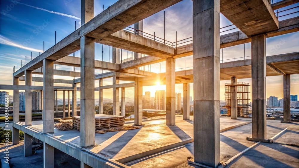 A skeletal framework of concrete beams and pillars reaches towards the sky, illuminated by the warm glow of the setting sun, casting long shadows across the unfinished floor. A skeletal framework of concrete beams and pillars reaches towards the sky, illuminated by the warm glow of the setting sun, casting long shadows across the unfinished floor.
