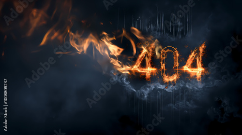 404 error message depicted with flames and smoke on a dark background creating a dramatic digital effect