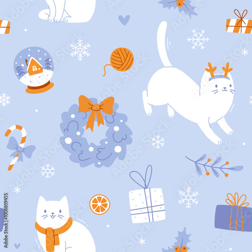 Cute christmas pattern with cats and festive decor. Seamless vector xmas print for baby textile.