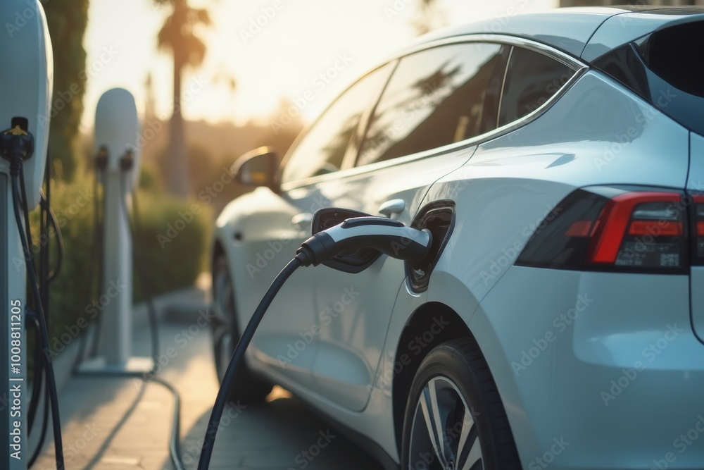 Electric car charging at a station during sunset, promoting sustainable energy and eco-friendly transportation Electric car charging at a station during sunset, promoting sustainable energy and eco-friendly transportation