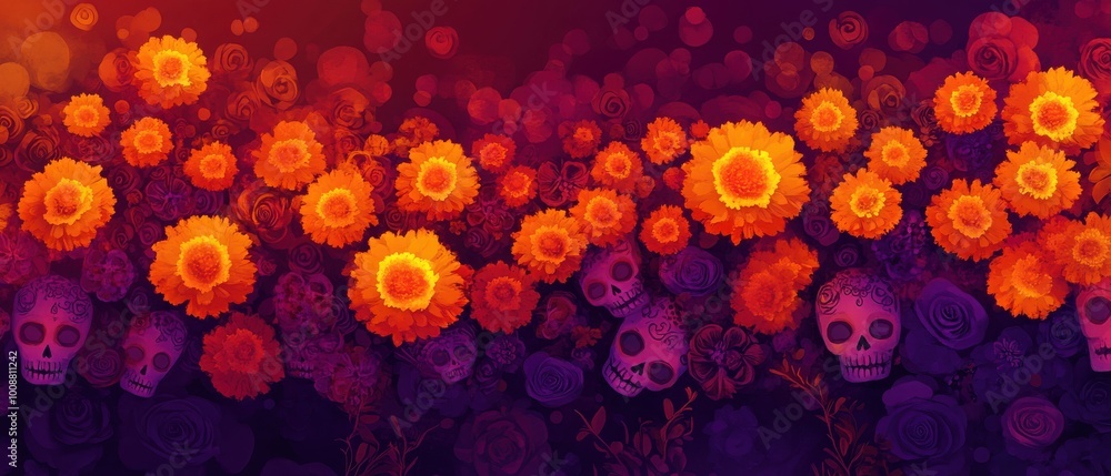 Design a vibrant background for DÃa de los Muertos in Mexico, with glowing marigolds and sugar skulls set against a gradient of dark purple to bright orange, symbolizing celebration and remembrance. Design a vibrant background for DÃa de los Muertos in Mexico, with glowing marigolds and sugar skulls set against a gradient of dark purple to bright orange, symbolizing celebration and remembrance.