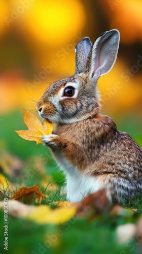 A rabbit holds a colorful leaf amidst autumn foliage, showcasing nature's beauty.