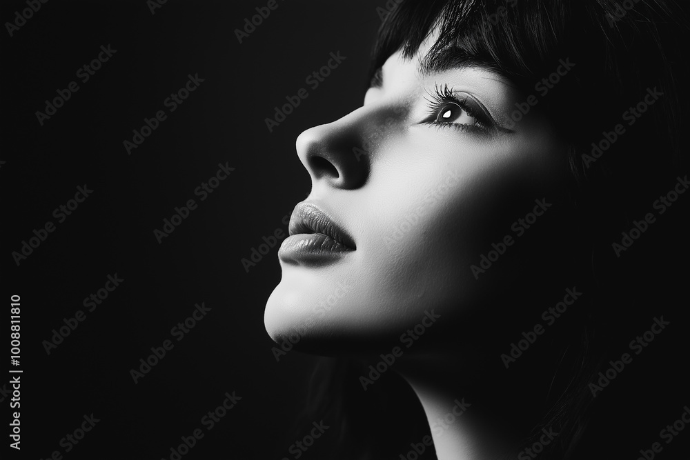 Elegant black and white portrait of a woman with long hair gazing intensely into camera for fashion, beauty, or editorial concepts Elegant black and white portrait of a woman with long hair gazing intensely into camera for fashion, beauty, or editorial concepts