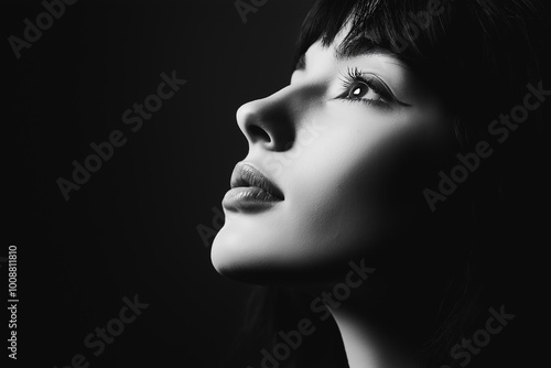 Elegant black and white portrait of a woman with long hair gazing intensely into camera for fashion, beauty, or editorial concepts