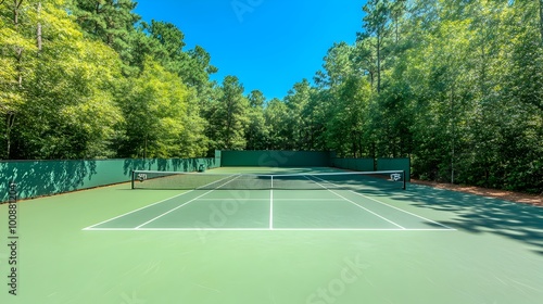Wallpaper Mural Peaceful tennis court scene with a serene atmosphere surrounded by lush trees and captivating shadows cast by the net and court lines creating an intriguing geometric pattern Torontodigital.ca