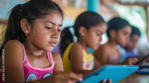 young latino girl education students using tablet in classroom