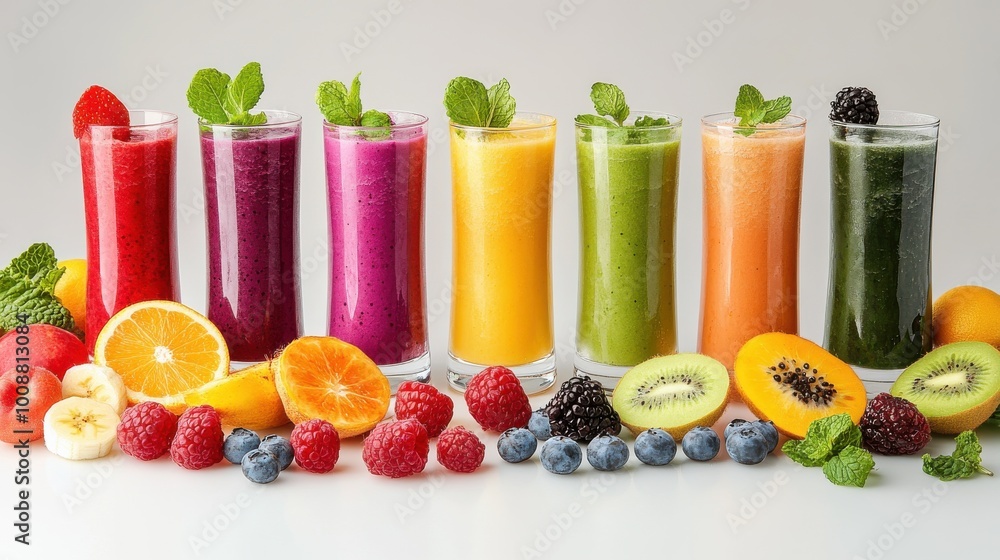 An assortment of fresh fruit smoothies in different hues, presented as a healthy drinks background with vibrant fruits and leafy greens enhancing the scene. An assortment of fresh fruit smoothies in different hues, presented as a healthy drinks background with vibrant fruits and leafy greens enhancing the scene.