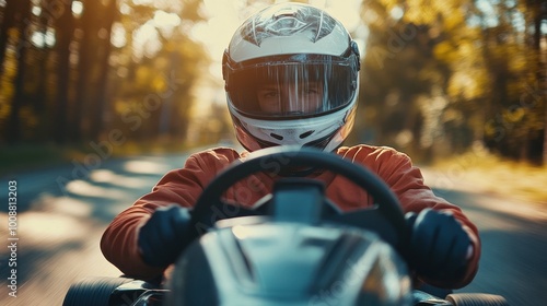 A man in a helmet and goggles drives a gokart on a track