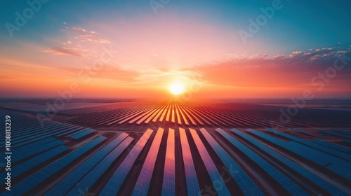 An expansive solar farm at sunrise, with rows of panels stretching into the distance, the sky painted in warm hues of dawn.