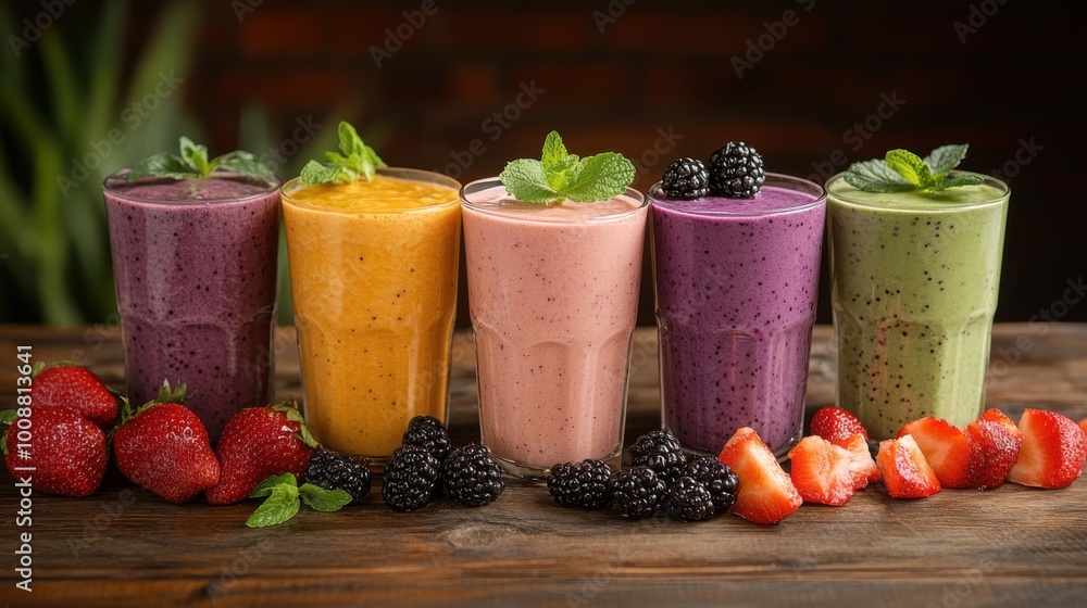 custom made wallpaper toronto digitalAn inviting background showcasing a collection of healthy drinks, with fresh fruit smoothies in different flavors and colors on a rustic wooden table.