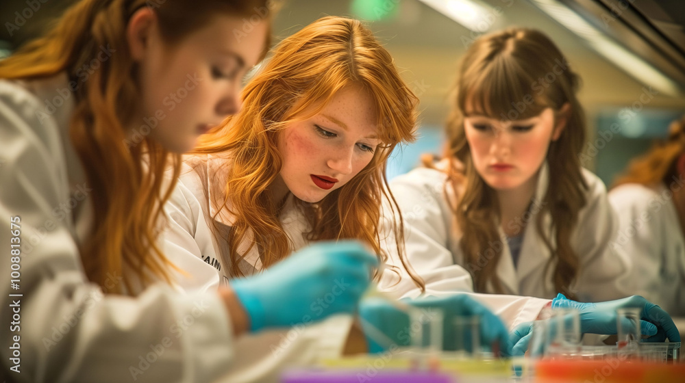 Obraz premium A group of female students in science or medicine working together on an educational project. Education, equality, empowerment, women in science.
