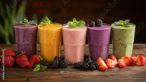 Wallpaper Mural An inviting background showcasing a collection of healthy drinks, with fresh fruit smoothies in different flavors and colors on a rustic wooden table. Torontodigital.ca