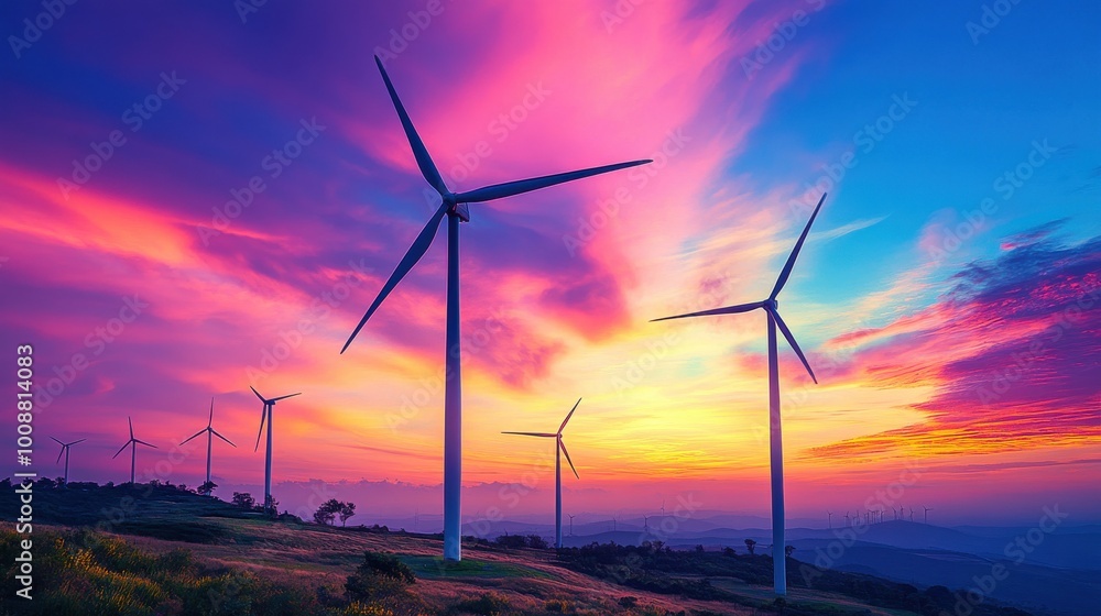 Obraz premium A clean energy wind farm at sunset, with wind turbines spinning against a colorful sky, showcasing the beauty and potential of renewable energy sources.